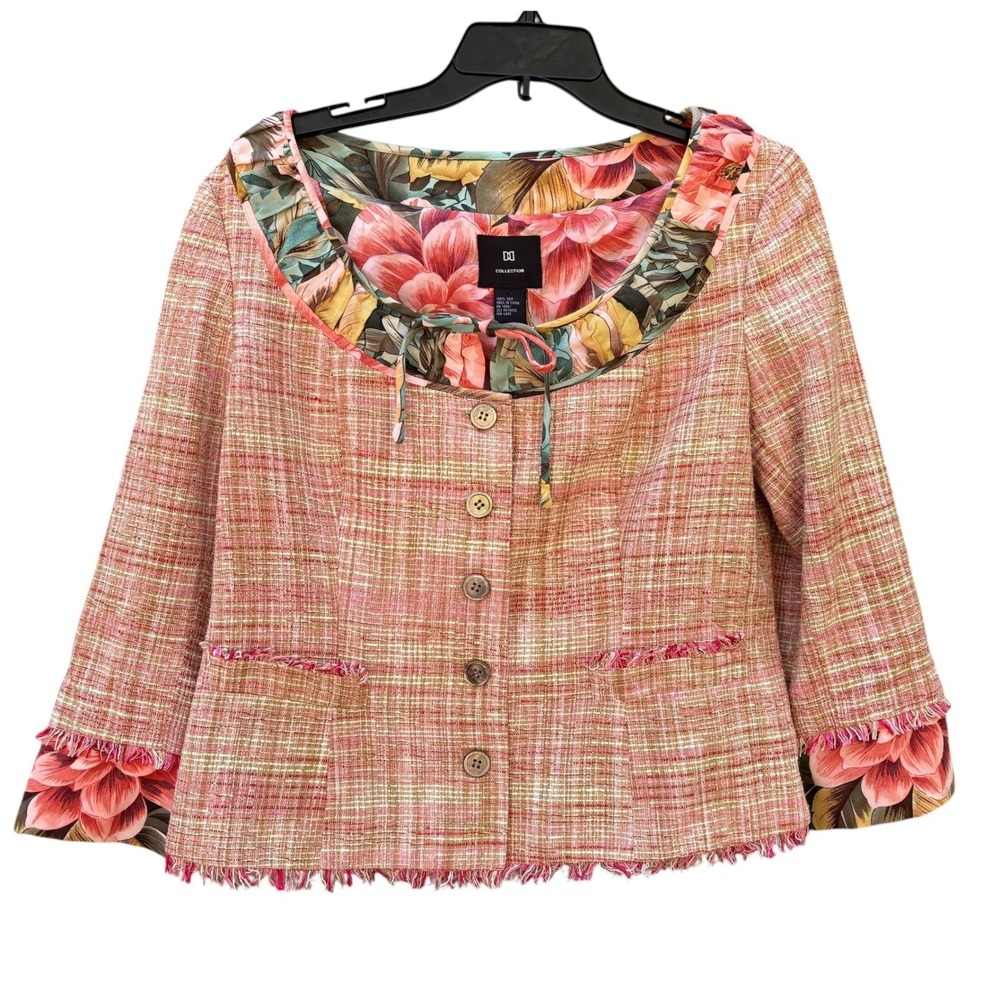 Womens 100% Silk Tweed Jacket Pink Tan Floral Trim Fringe Blazer Office Feminine